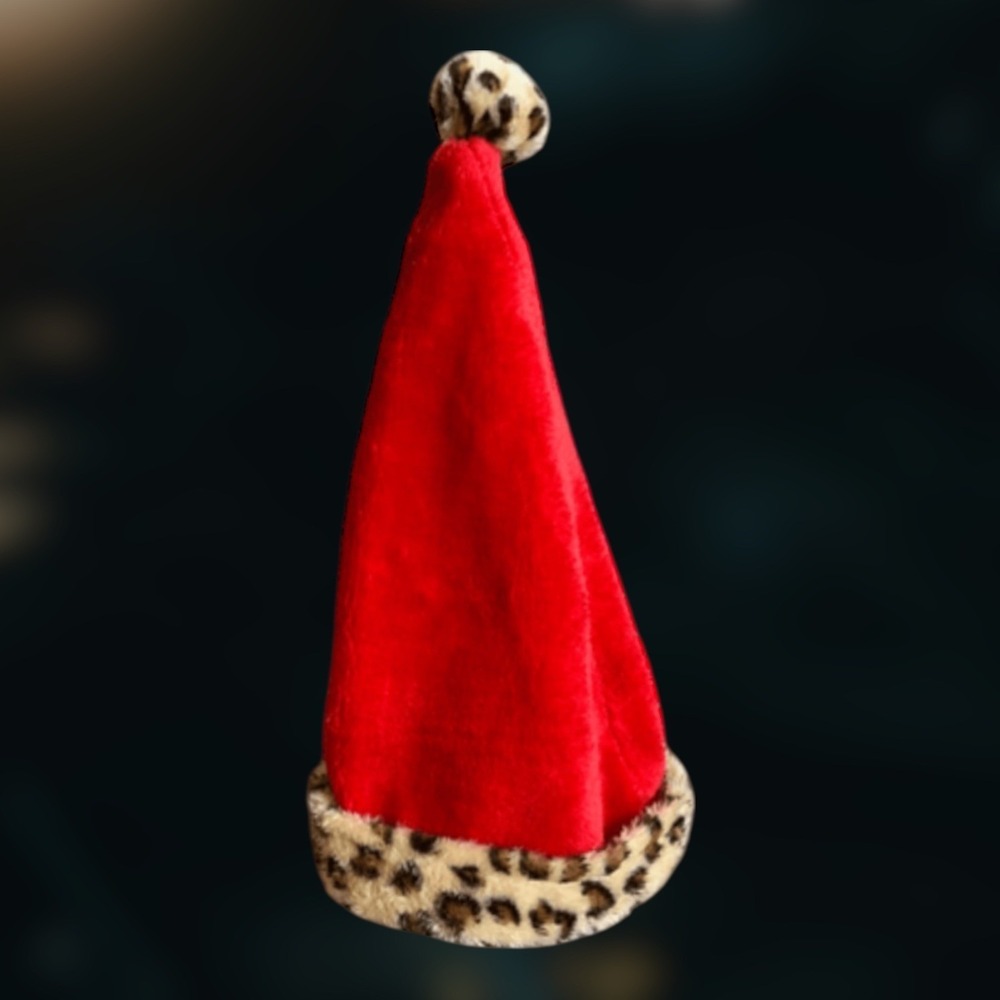Red Santa Hat Unisex Size M Animal Print Trim Holiday Christmas Festive - Picture 2 of 9